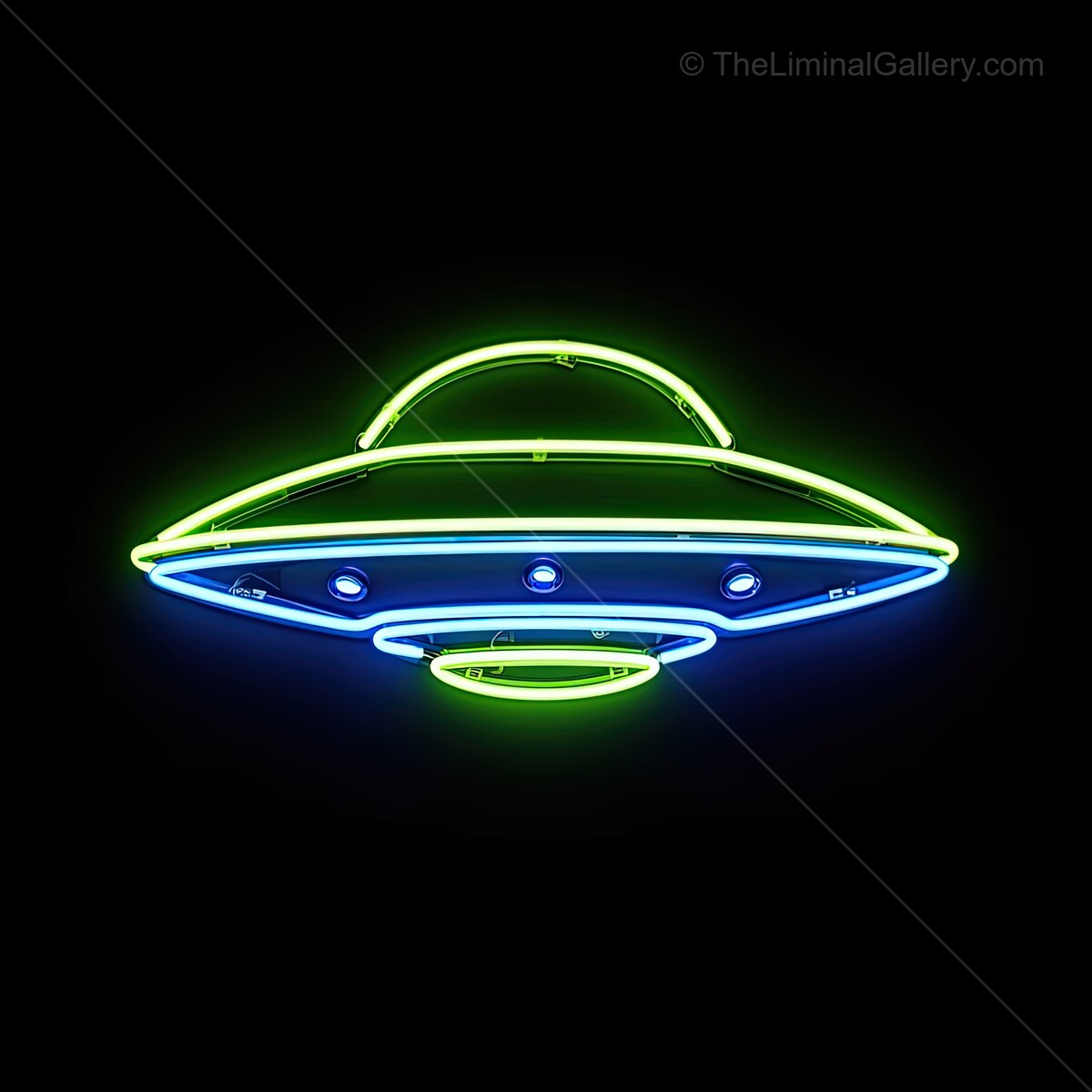 Bright neon alien spacecraft sign glowing in vibrant colors fills the night sky