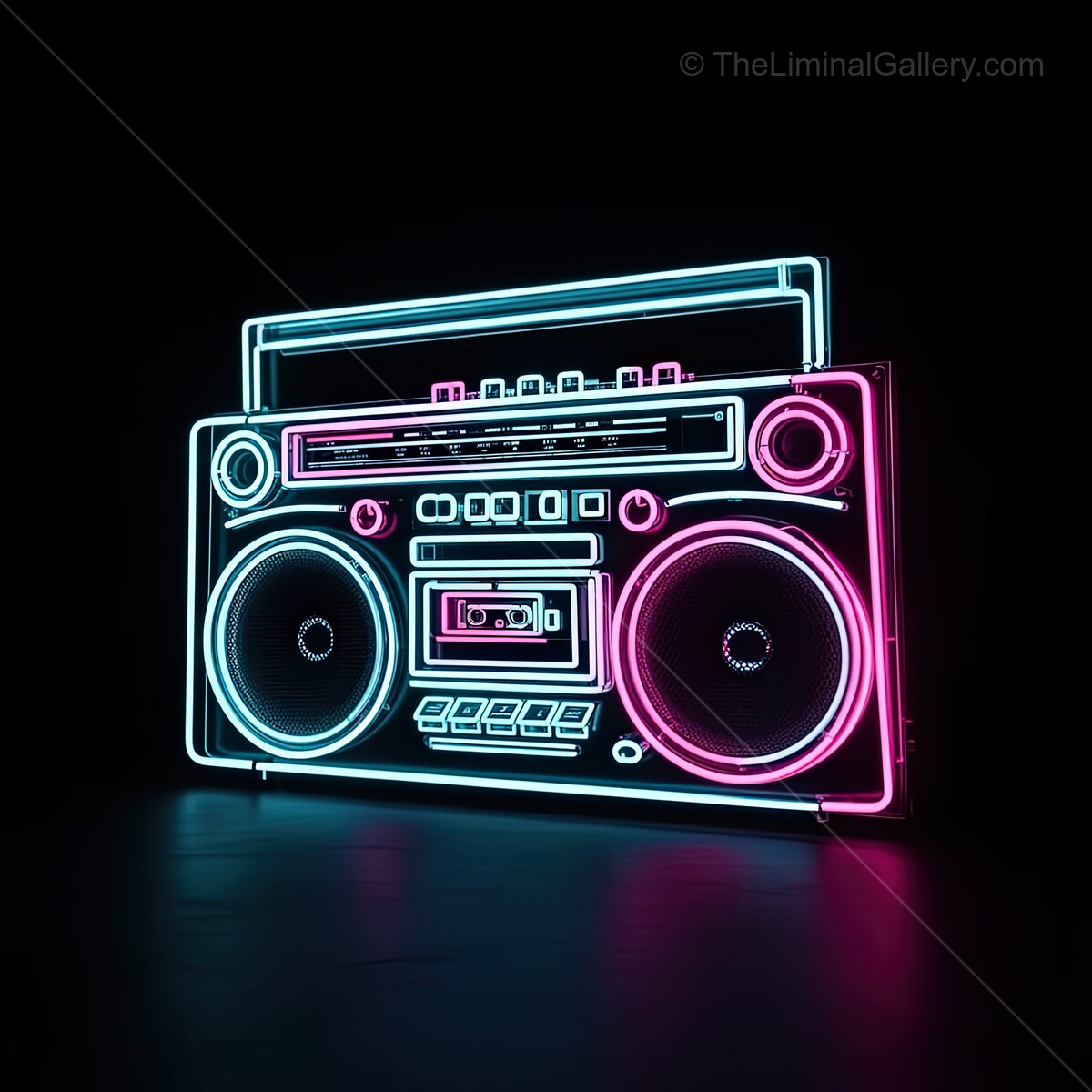 Vibrant neon boombox glowing in the dark, creating an electrifying atmosphere for music lovers at a nighttime event