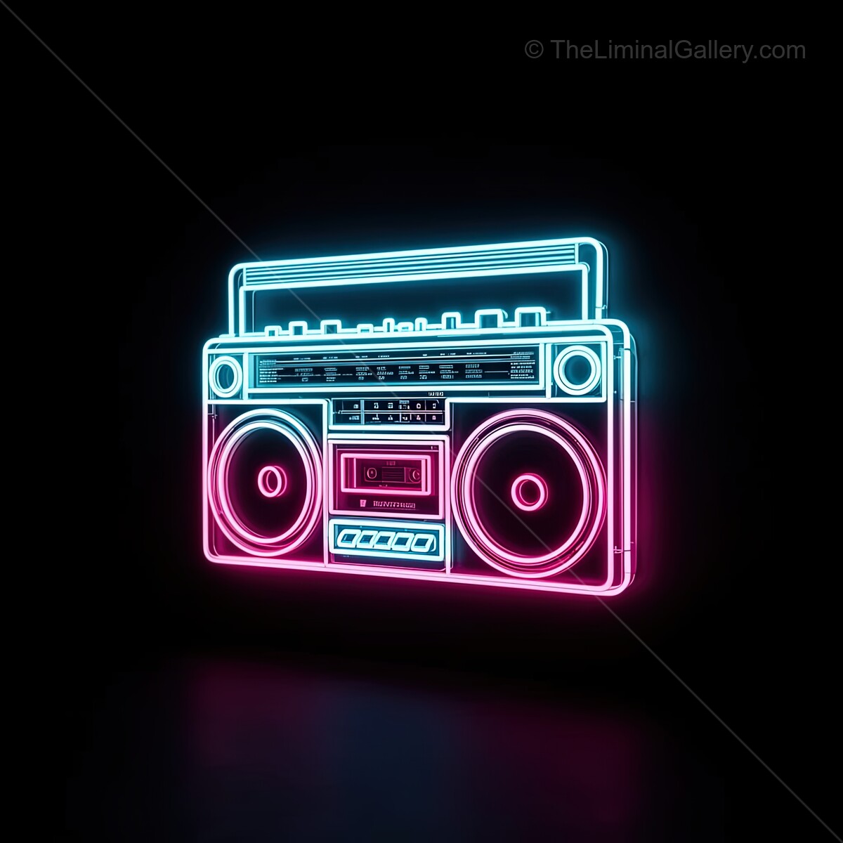Bright neon boombox glows in darkness, capturing retro vibes and joy of music