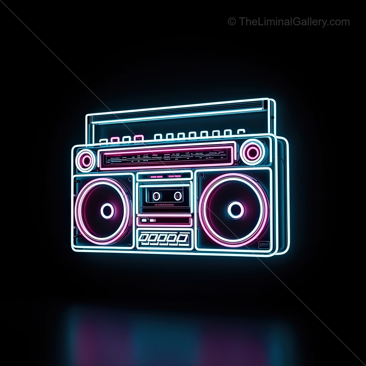Vivid neon boombox radiates vibrant nostalgia in a dark urban setting