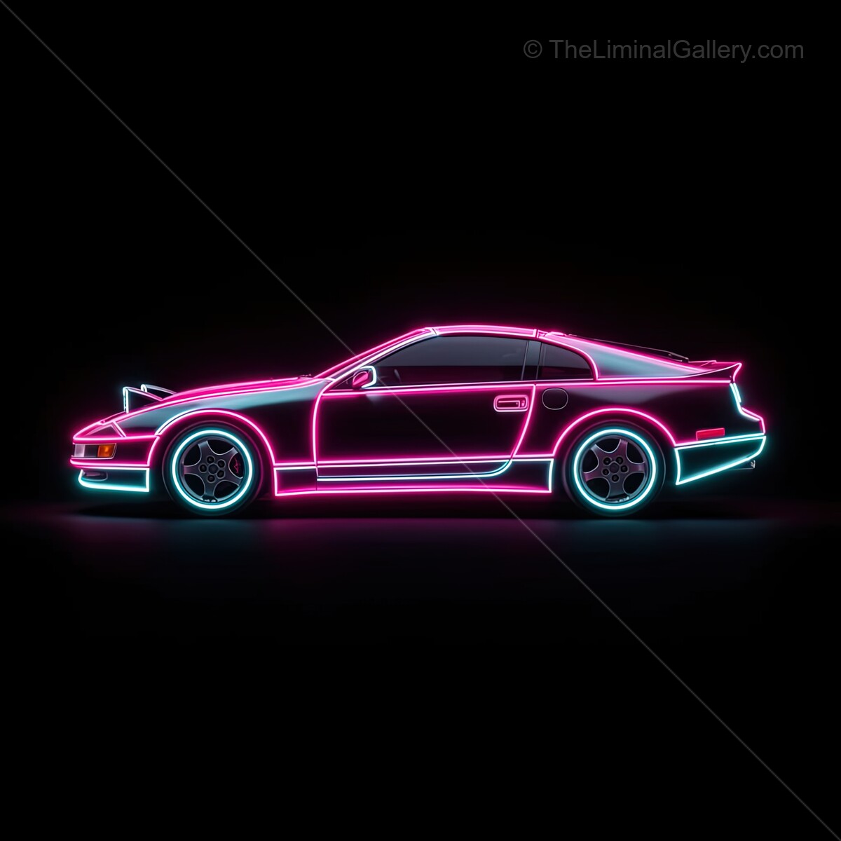 Vibrant neon car outlines bring an electrifying glow to the night streets