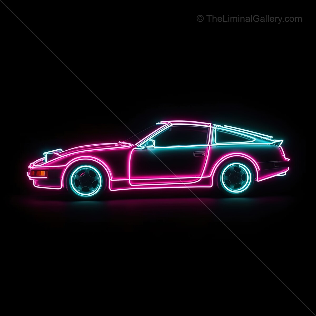 Neon glow outlines a sleek car design with vibrant colors illuminating the night scene