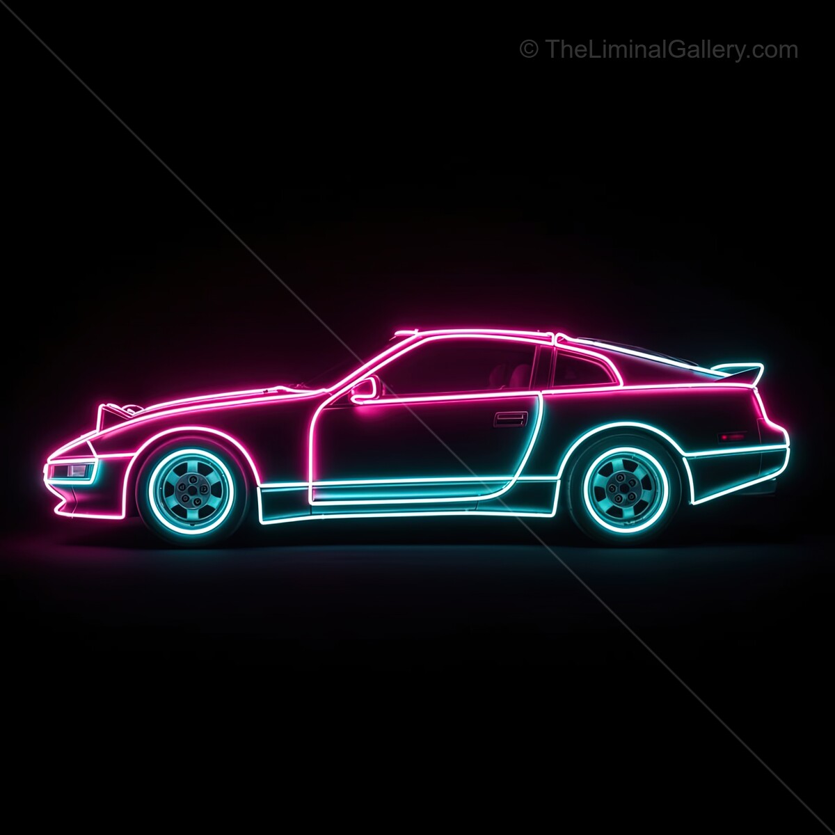 Vibrant neon car outline glowing against a dark backdrop captures the essence of retro futuristic design