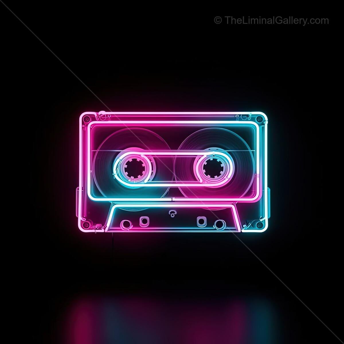 Colorful neon cassette tape illuminates a dark setting, evoking nostalgia and creativity