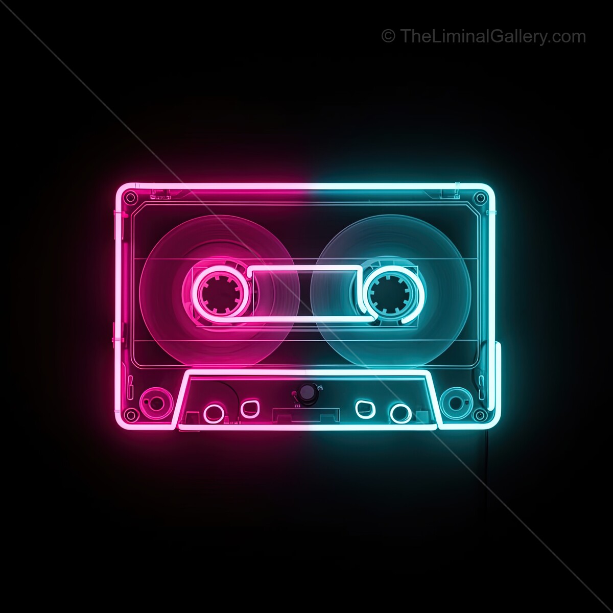 Vibrant neon cassette tape sign illuminating a dark background with retro elegance that sparks nostalgia