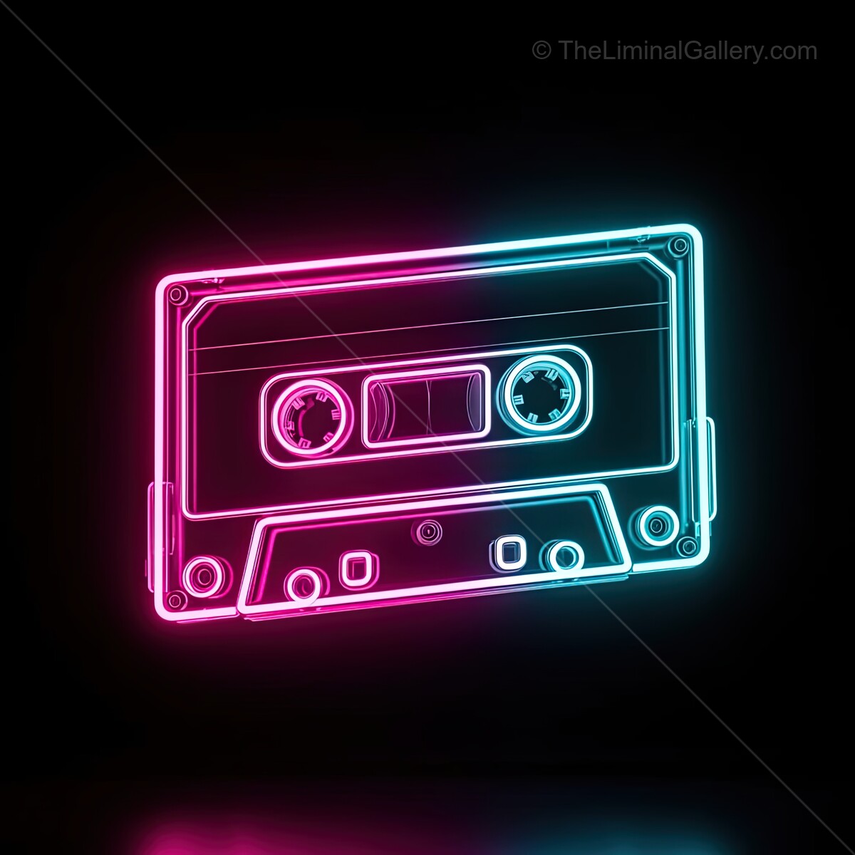Bright neon cassette tape glowing against a black backdrop, capturing a retro vibe in a modern setting