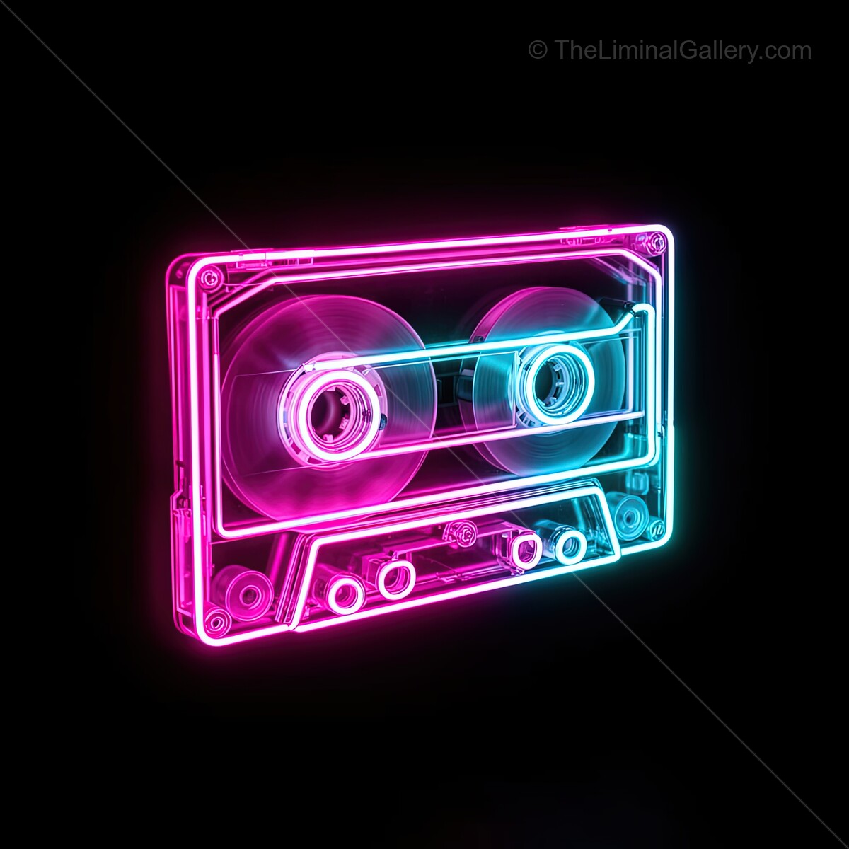 Vibrant neon cassette tape glows brightly in a darkened space, capturing the essence of retro music nostalgia and urban street vibes