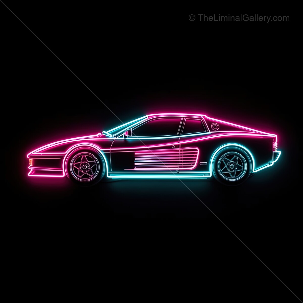 Neon car through the night glowing brilliantly in vibrant hues of blue and pink radiating an electric energy of retro vibes