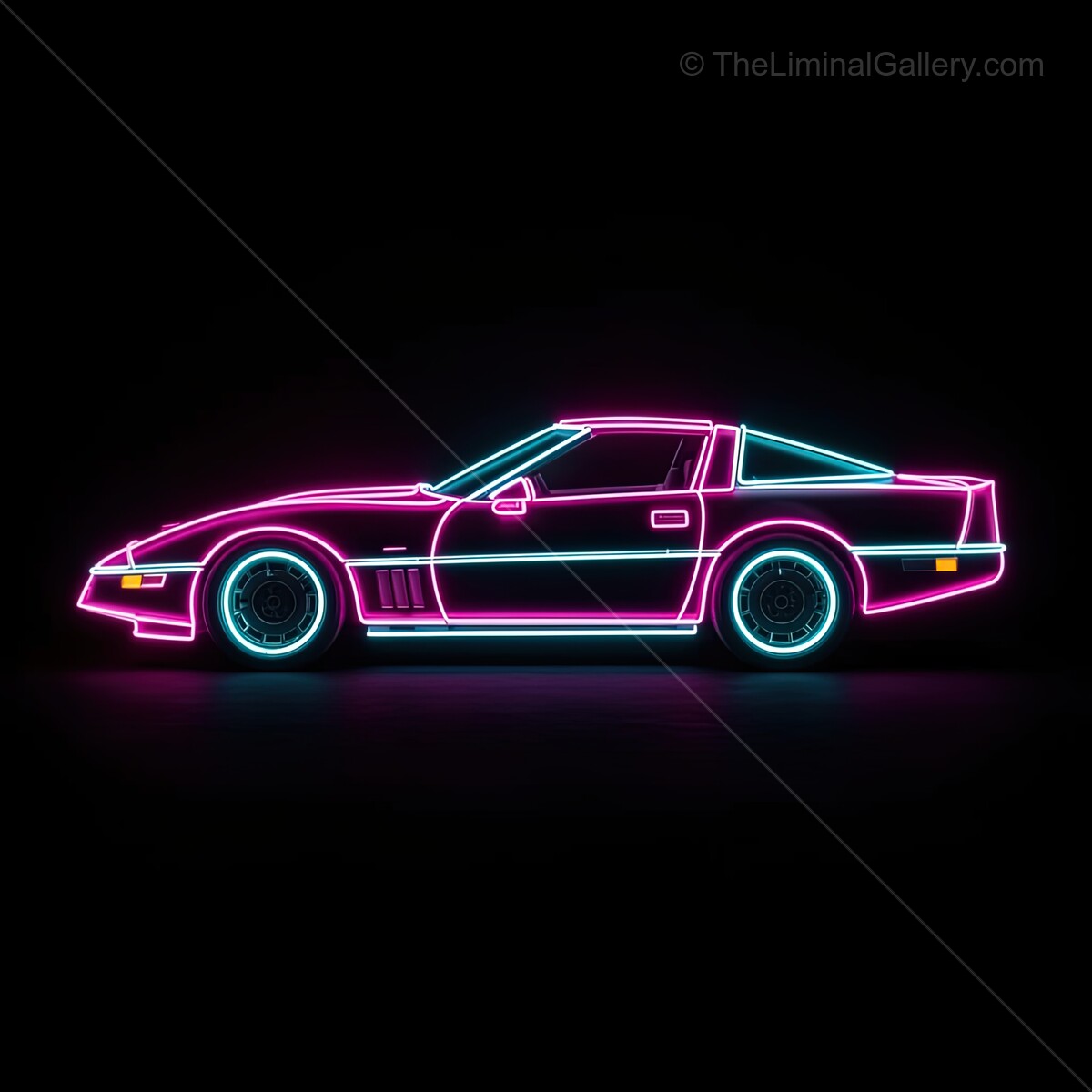 Bright neon lights outline a classic sports car in an artistic urban setting