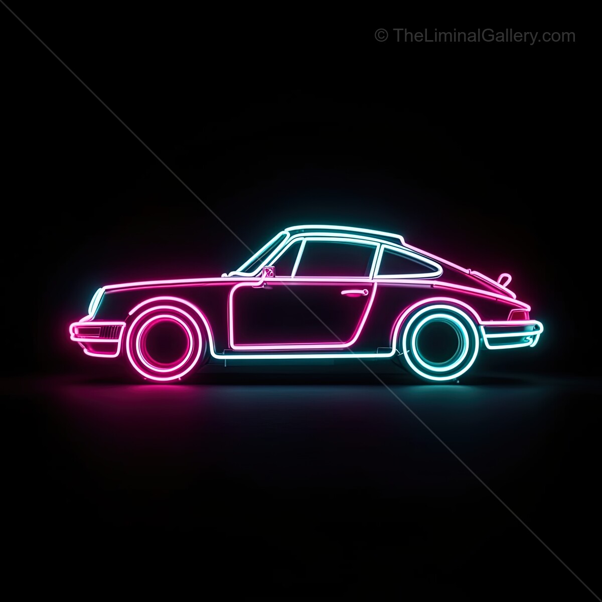 Bright and vivid neon sign illuminating a classic car in the dark night, blending vibrant colors with sleek design for a modern art style