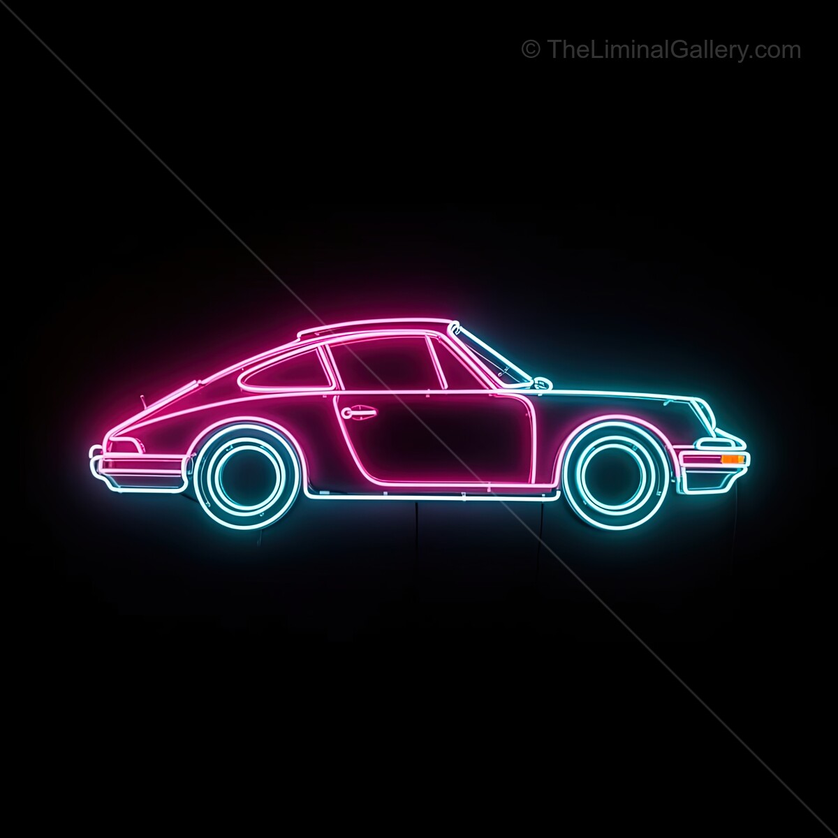 Neon glow of a vintage car shines bright against the dark night sky in a vibrant urban scene