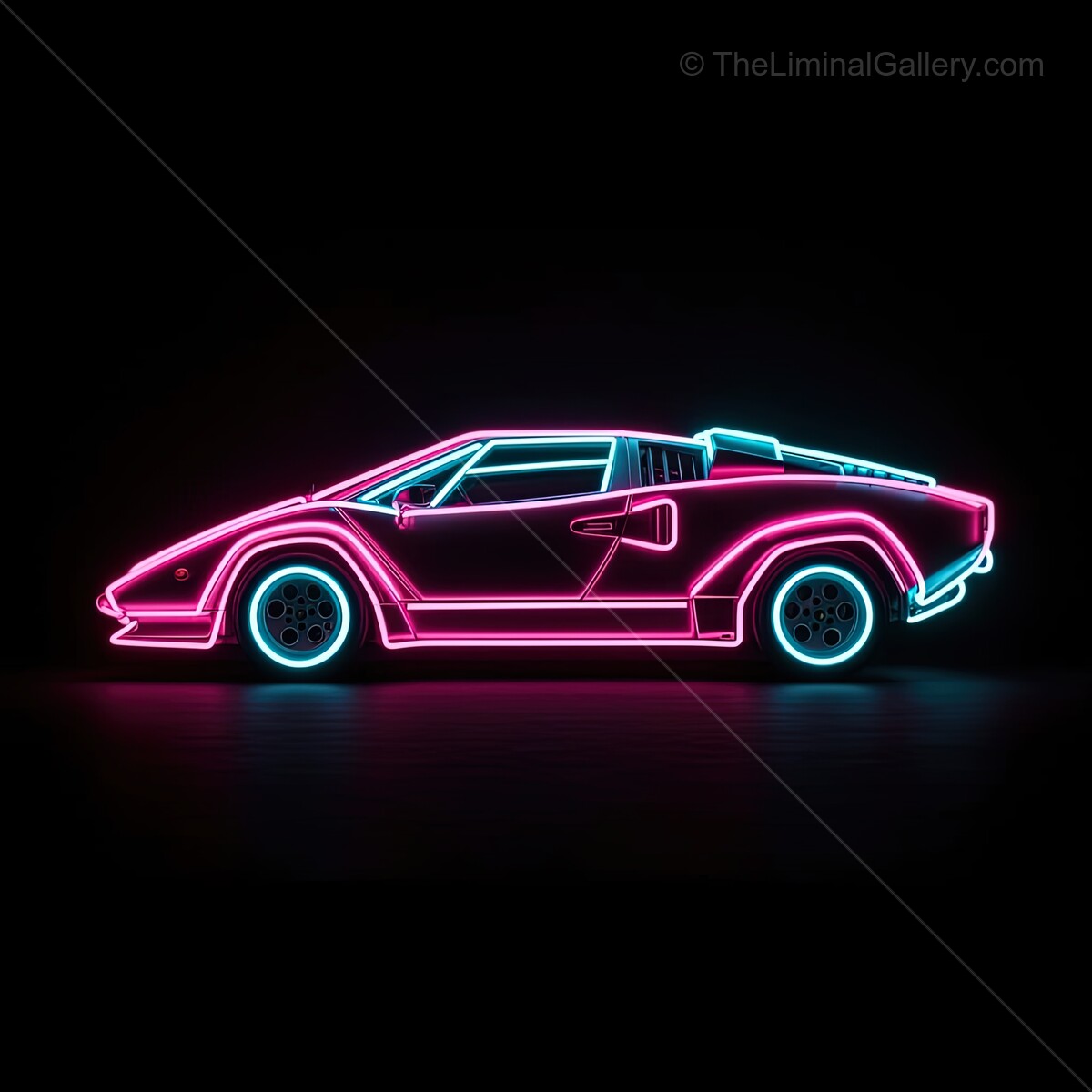 Neon glow animates a classic car silhouette in vibrant hues at night, showcasing retro automotive charm and modern artistry
