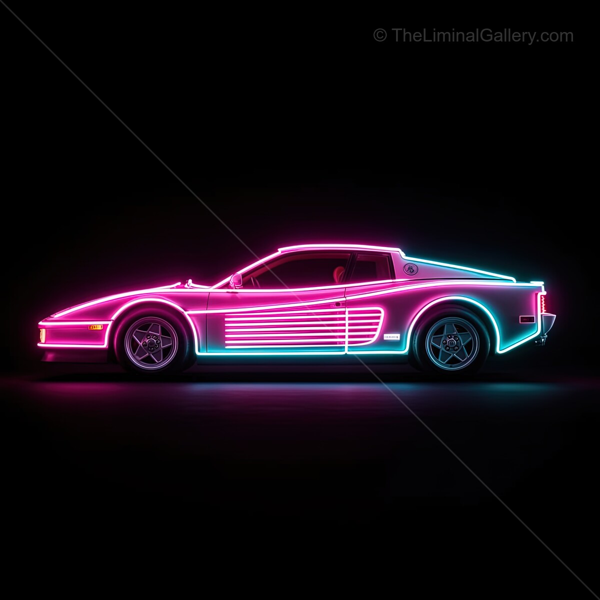 Classic car illuminated with vibrant neon glow showcasing retro style and energy in a dark setting