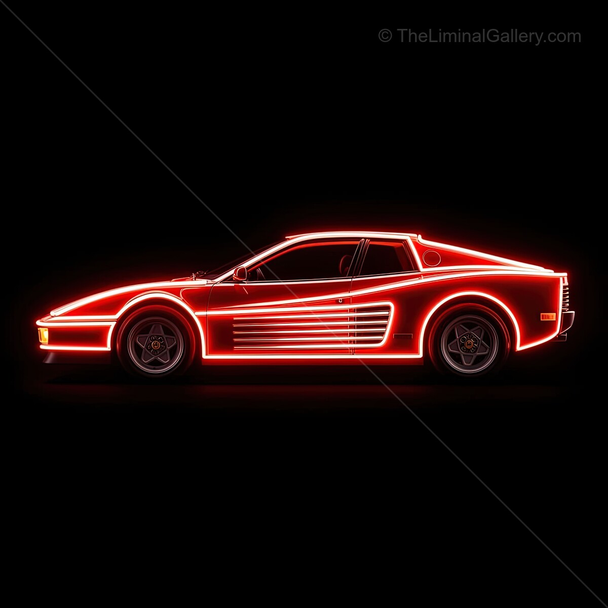 Classic car illuminated in vibrant neon light against a dark backdrop during nighttime