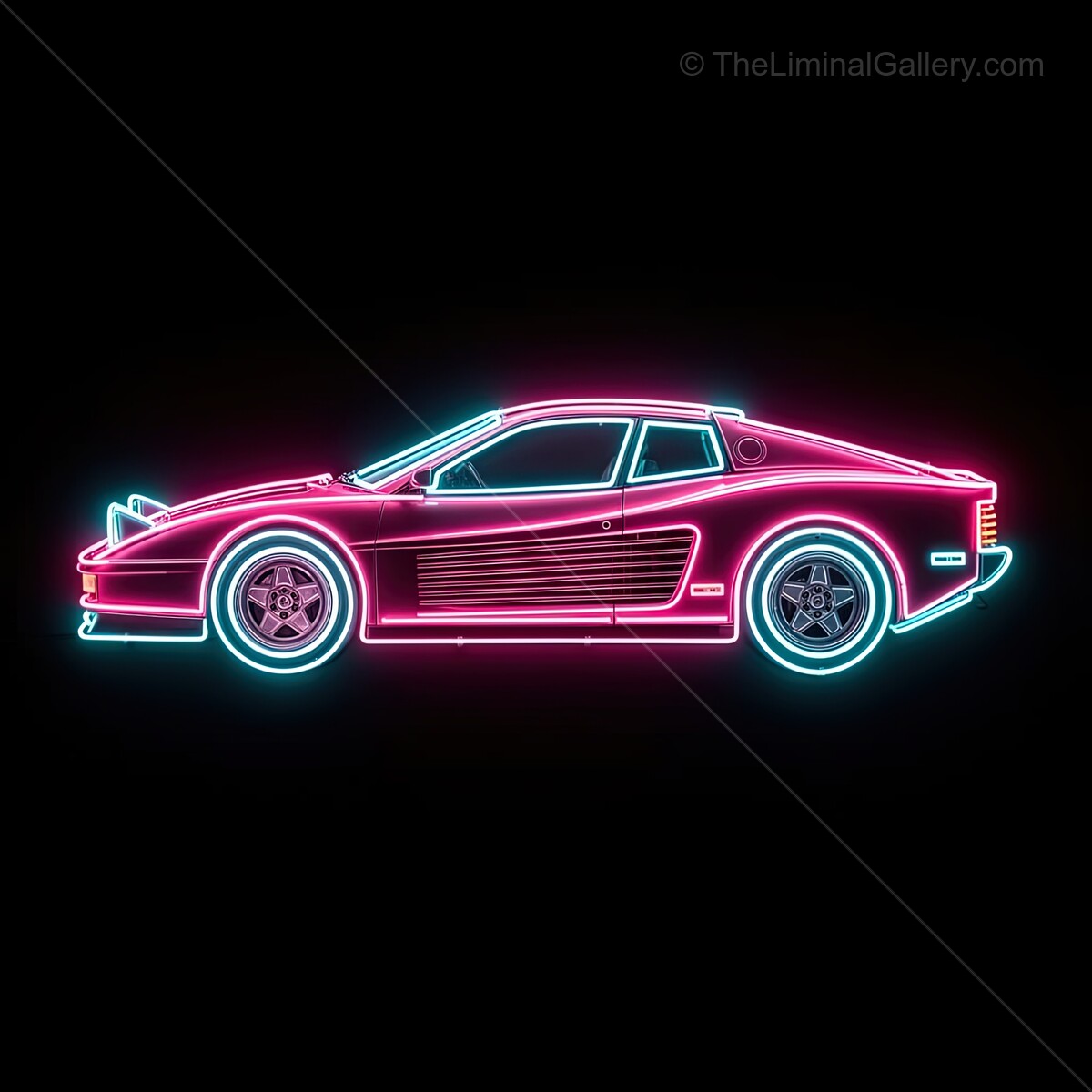 Bright neon sign of a classic sports car glowing in vibrant colors that captures the essence of nightlife and retro charm