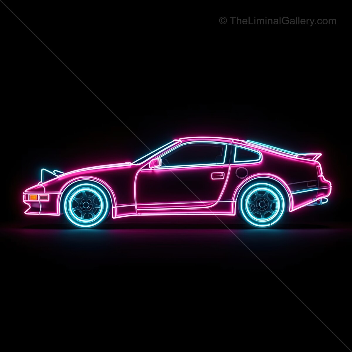 Neon glow outlines a classic sports car showcasing vibrant colors against a dark backdrop at nighttime
