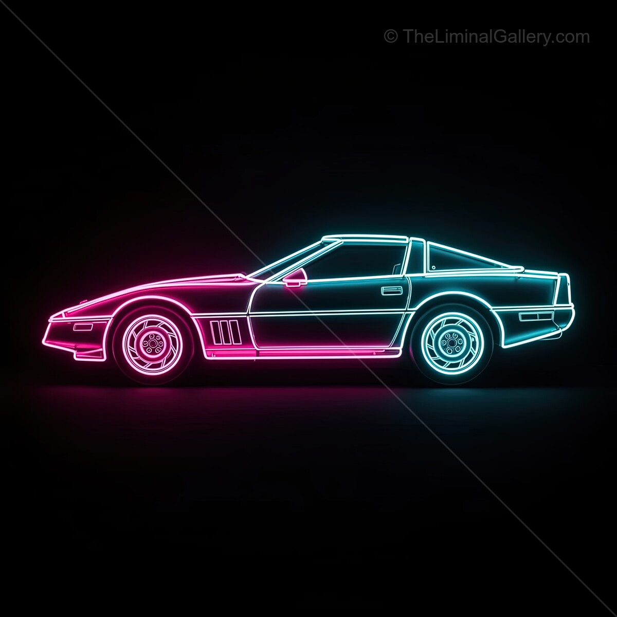 Vibrant neon sign showcasing a classic sports car with glowing pink and blue lines against a dark backdrop
