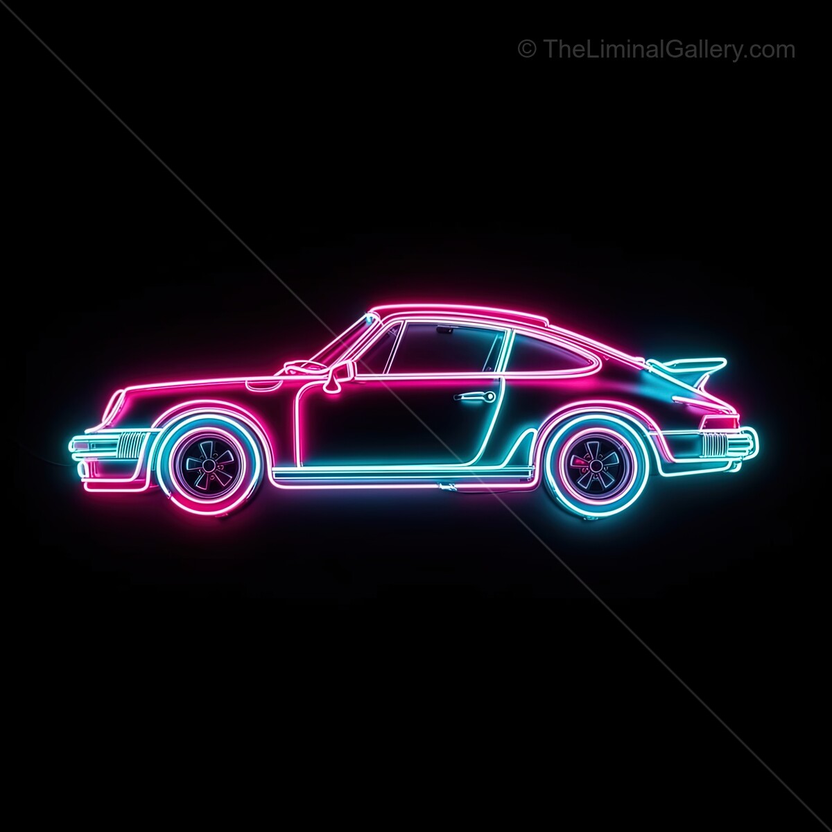 Neon glow of a classic sports car lights up the night with vibrant pink and blue hues