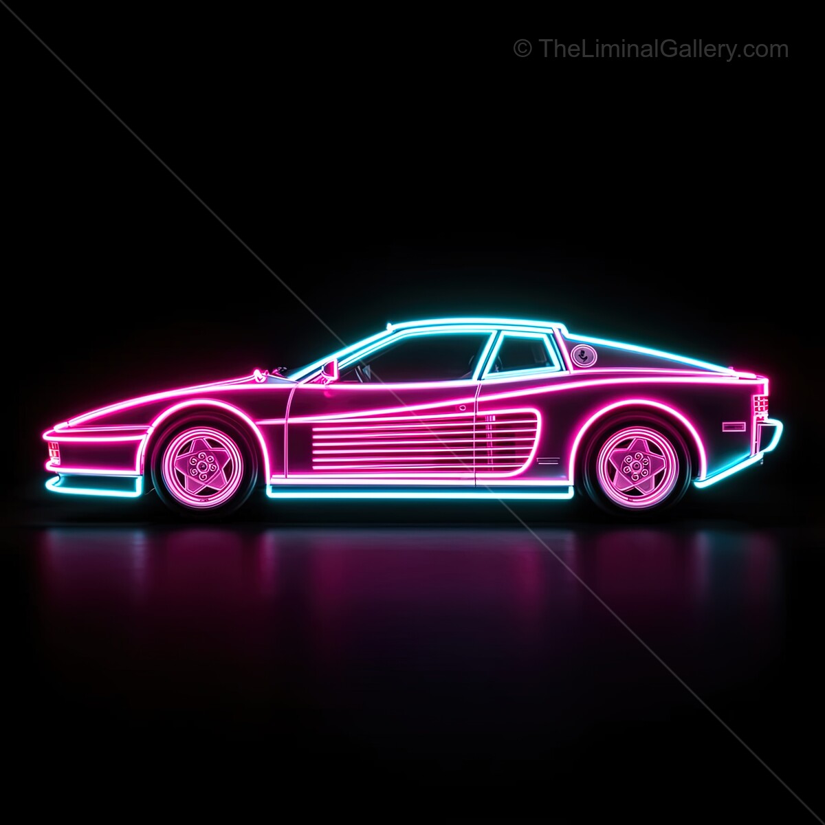 Glowing neon car sign illuminates the dark with vibrant colors