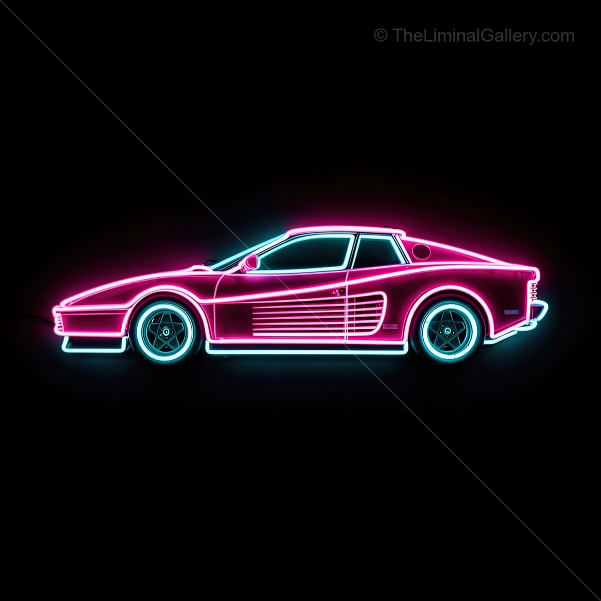Bright neon sign of a classic sports car glowing in vibrant pink and blue hues against a dark backdrop