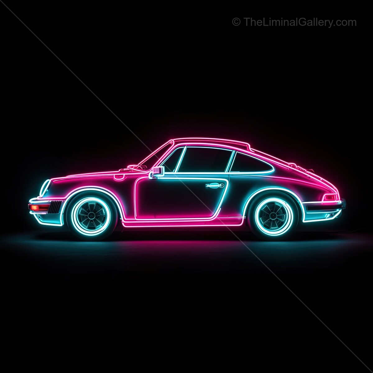 Vibrant neon outline of a classic sports car shines brightly against a dark background, capturing the essence of retro automotive style