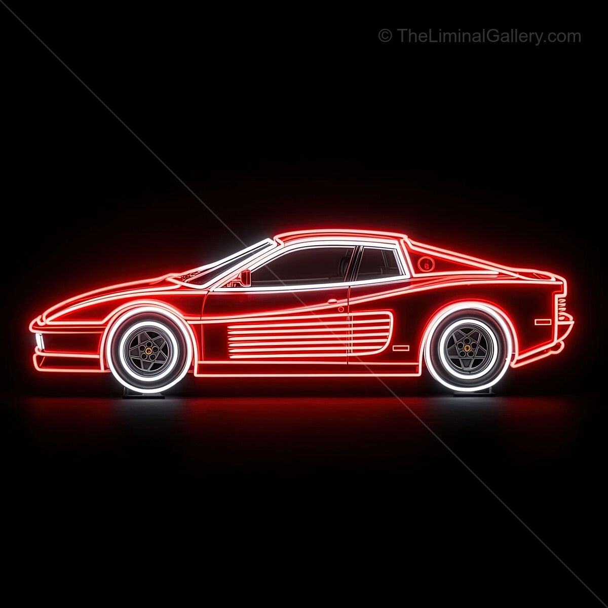 Neon glow of a classic sports car illuminating a dark urban night scene