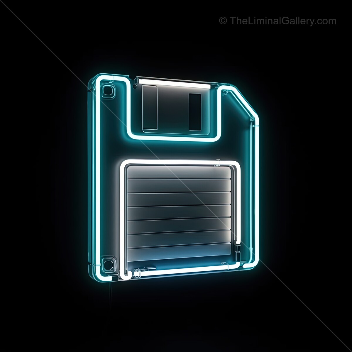 Neon sign glowing softly in the dark, casting retro vibes with a vintage floppy disk design