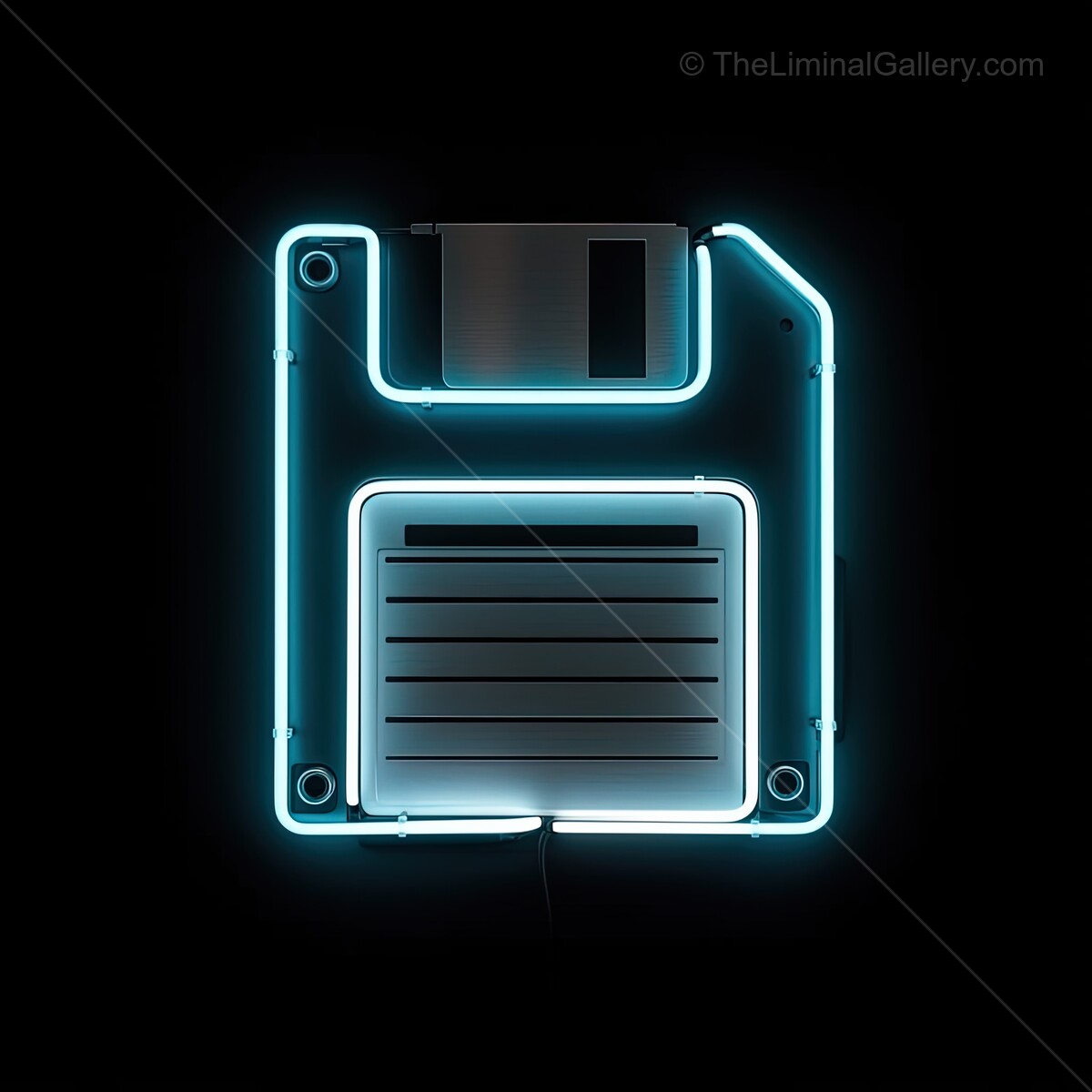 Bright neon sign glowing in the night, shaped like a floppy disk, evoking nostalgia and memories of the digital past in a modern setting