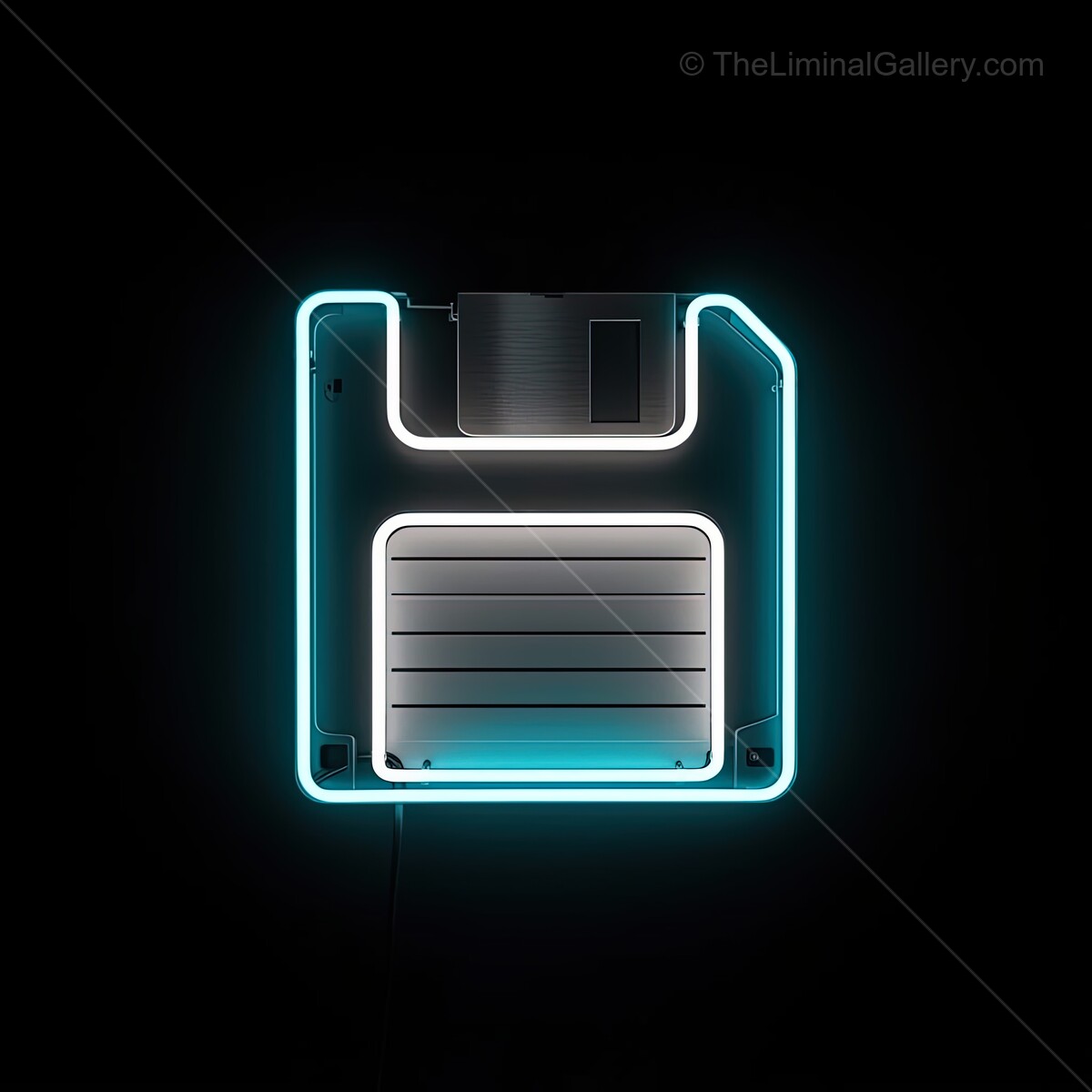 Bright neon sign shaped like an old floppy disk glowing in the dark, evoking nostalgia and digital memories in a modern setting