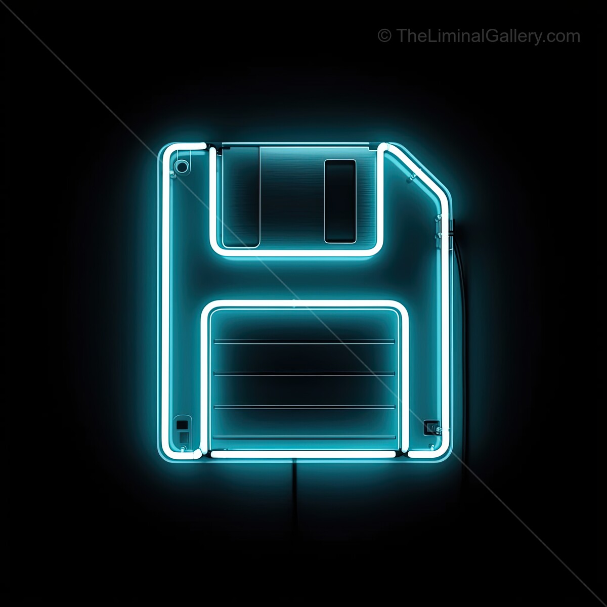 Iconic neon sign of a floppy disk glows brightly in a darkened room inviting nostalgia and creative inspiration late at night