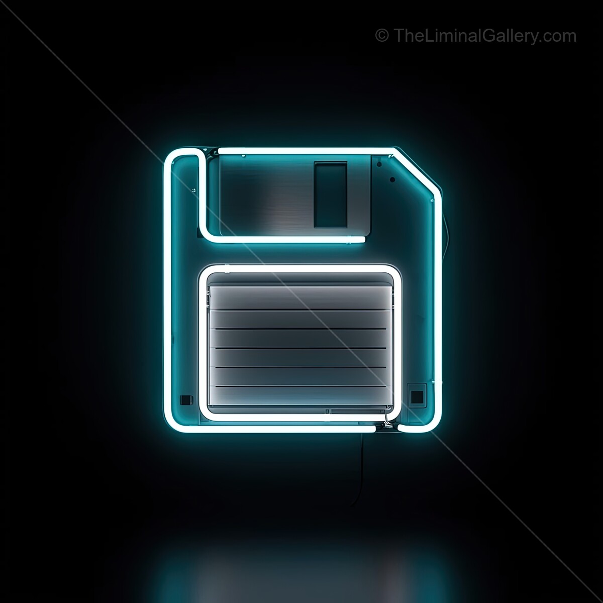Bright neon sign shaped like a floppy disk illuminating a dark room with retro charm