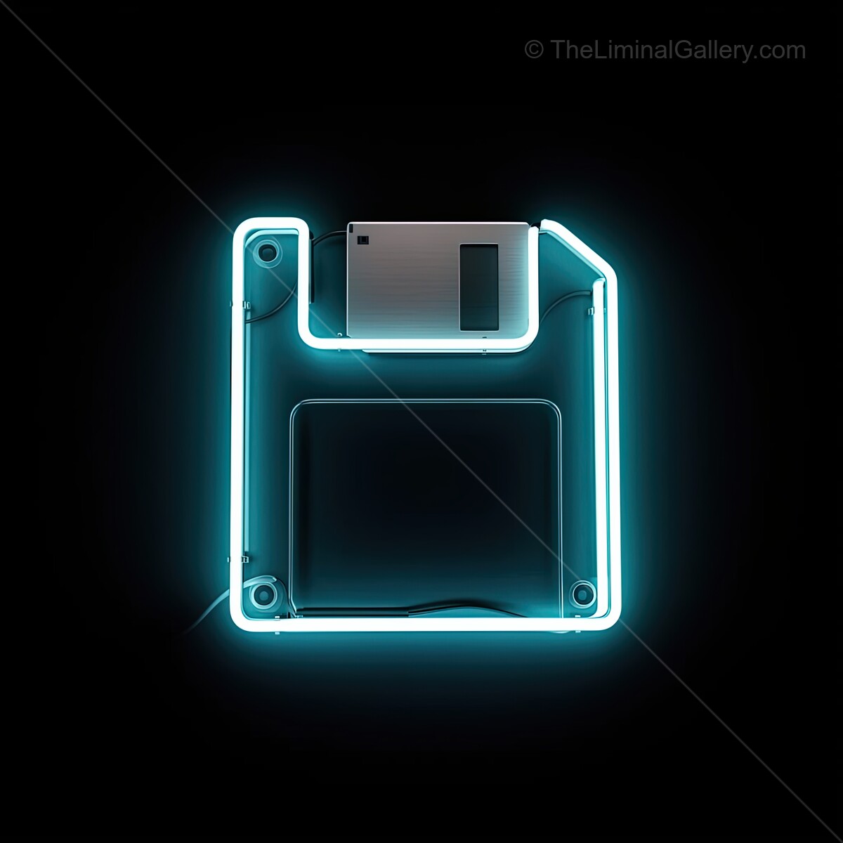 Vintage neon sign shaped like a floppy disk glowing in a dark room at night