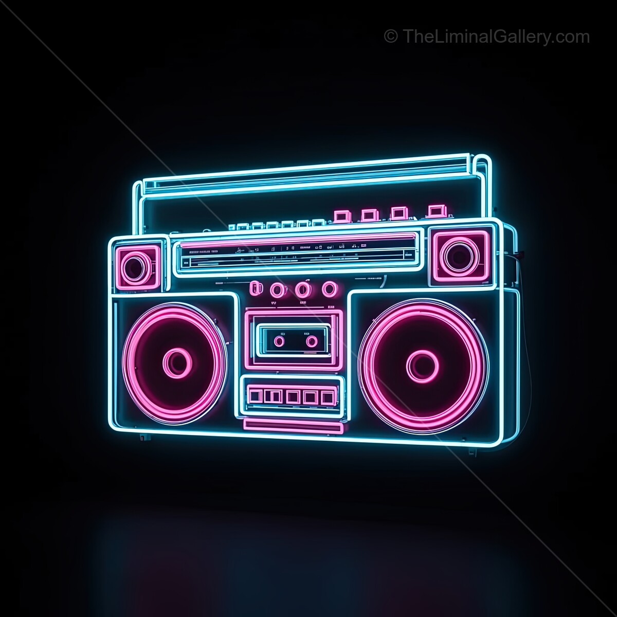 Vibrant neon boombox illuminating the night with retro charm and energy for music lovers