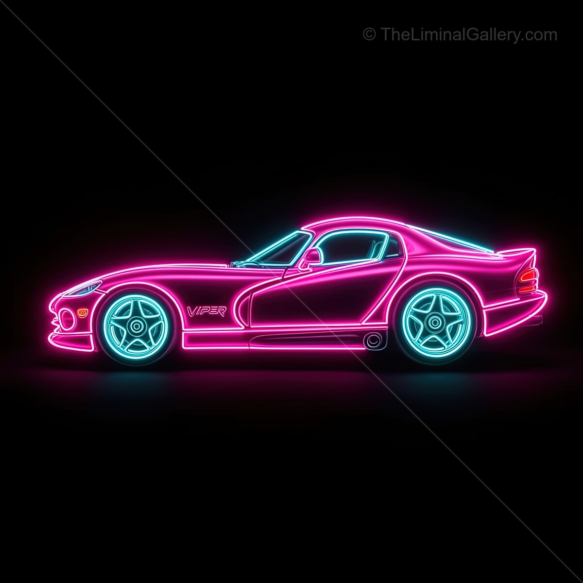 Vibrant neon glow of a classic sports car lighting up a dark urban street at night