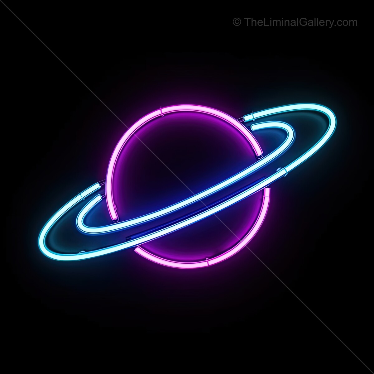 Vibrant neon planet sign glowing in striking pink and blue against a dark background
