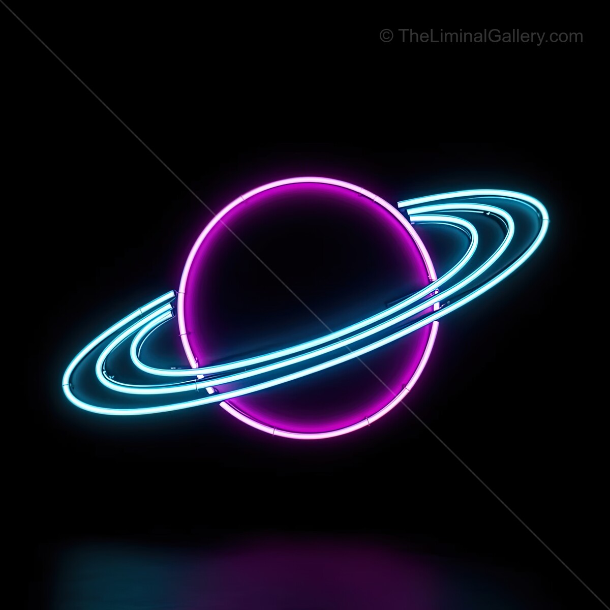 Vibrant neon planet with glowing rings illuminating a dark space