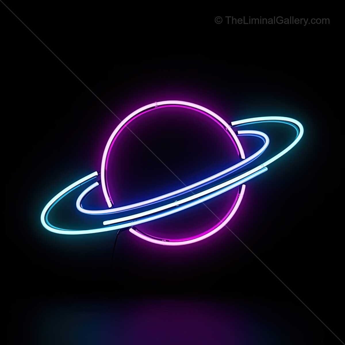 Vibrant neon depiction of a planet with rings illuminating a dark backdrop