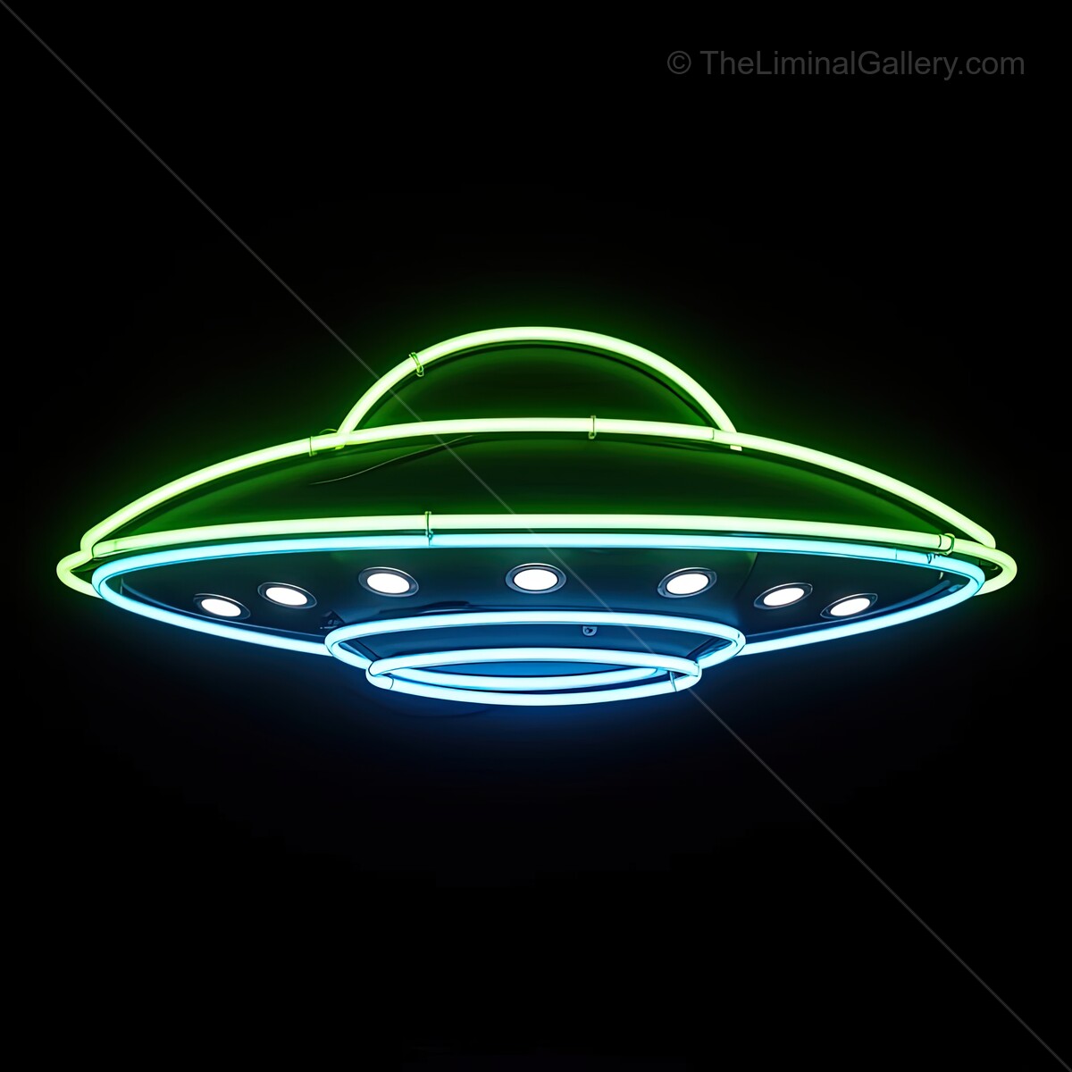 A vibrant neon UFO light glows in the dark, adding a whimsical touch to an urban setting at night