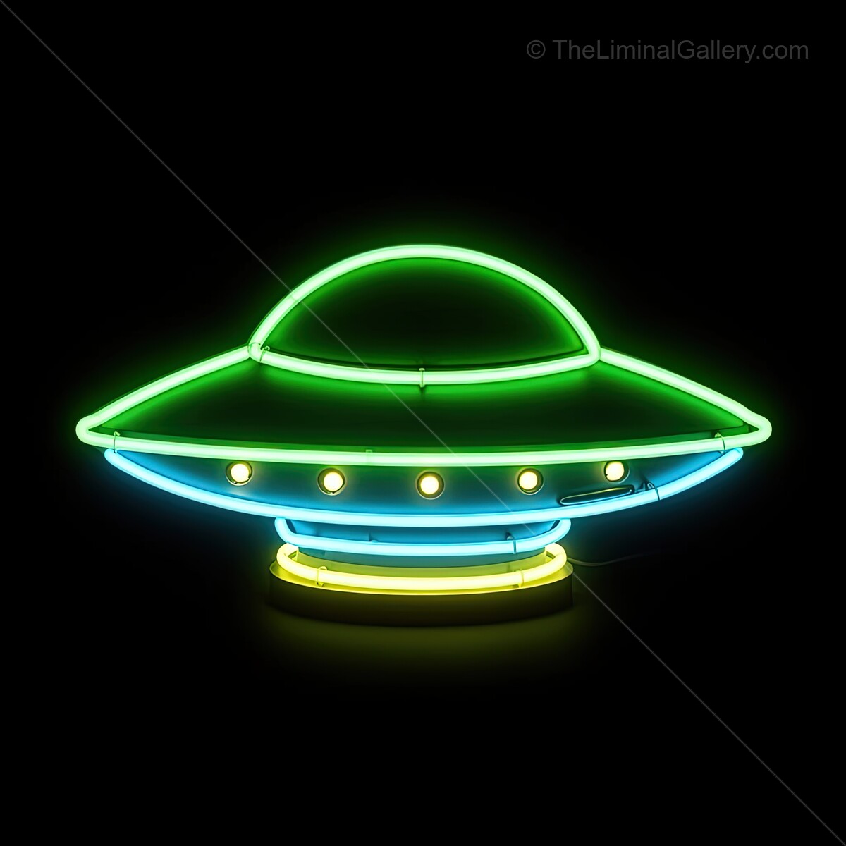 Bright neon UFO sign glowing in vibrant colors, adding a whimsical touch to the night atmosphere