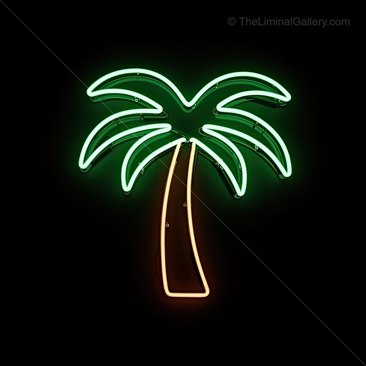 Bright green palm tree neon sign illuminating a dark wall, creating a tropical vibe in an urban setting