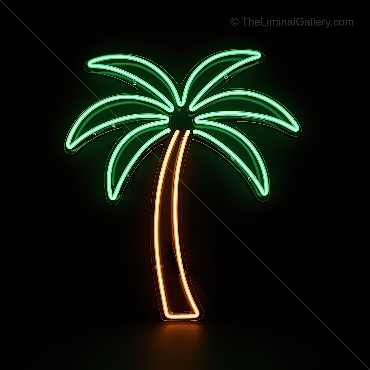 Bright palm tree neon sign illuminates a tropical vibe in a cozy cafe at night