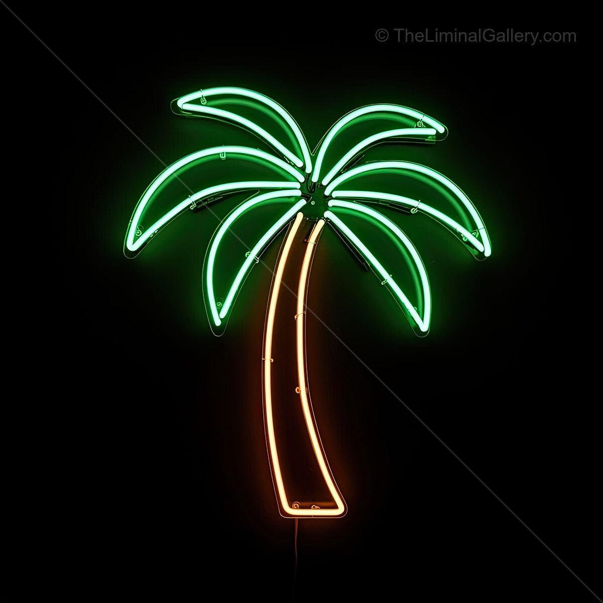 Bright neon palm tree sign radiates tropical vibes at night in an urban setting
