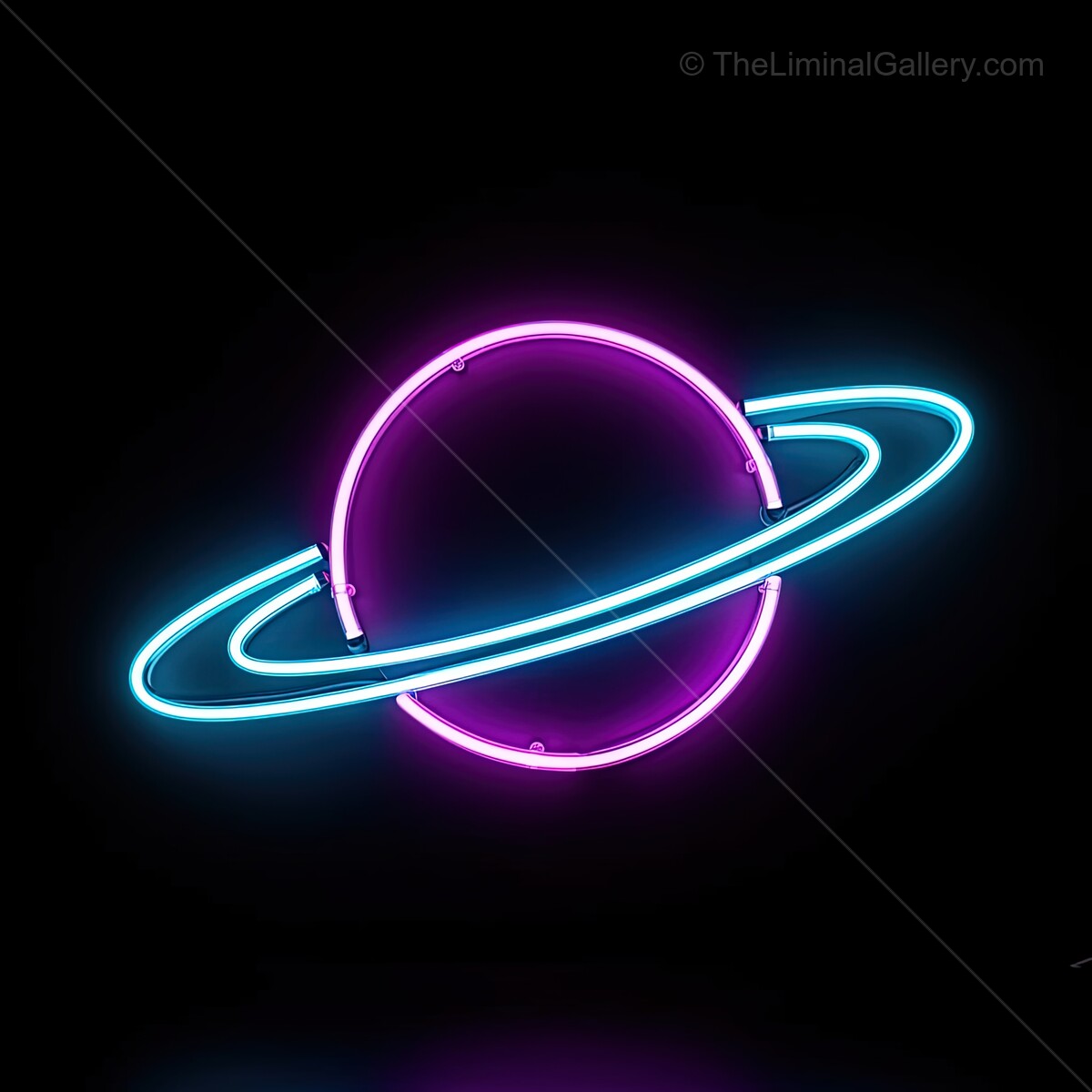 Bright neon sign of a planet with rings glowing in vibrant colors against a dark backdrop