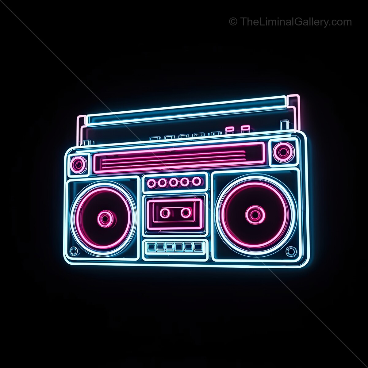 Retro neon boombox radiates vibrant energy in a dark urban alley at night