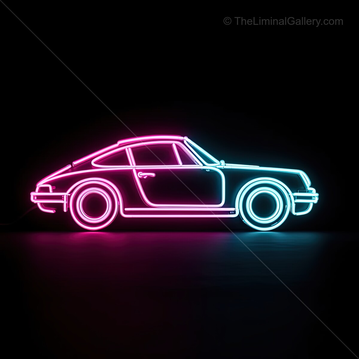 Neon lights illuminate a classic sports car in vibrant colors, showcasing the beauty of retro design and modern art