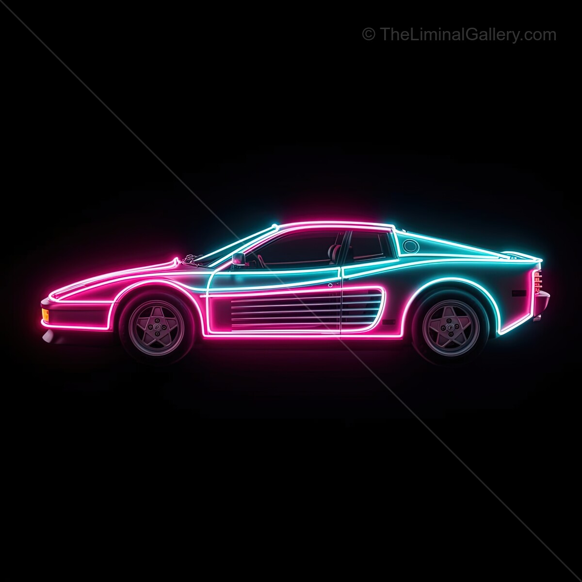 Neon lights illuminate a retro car, creating a vibrant and futuristic vibe at night in an urban setting