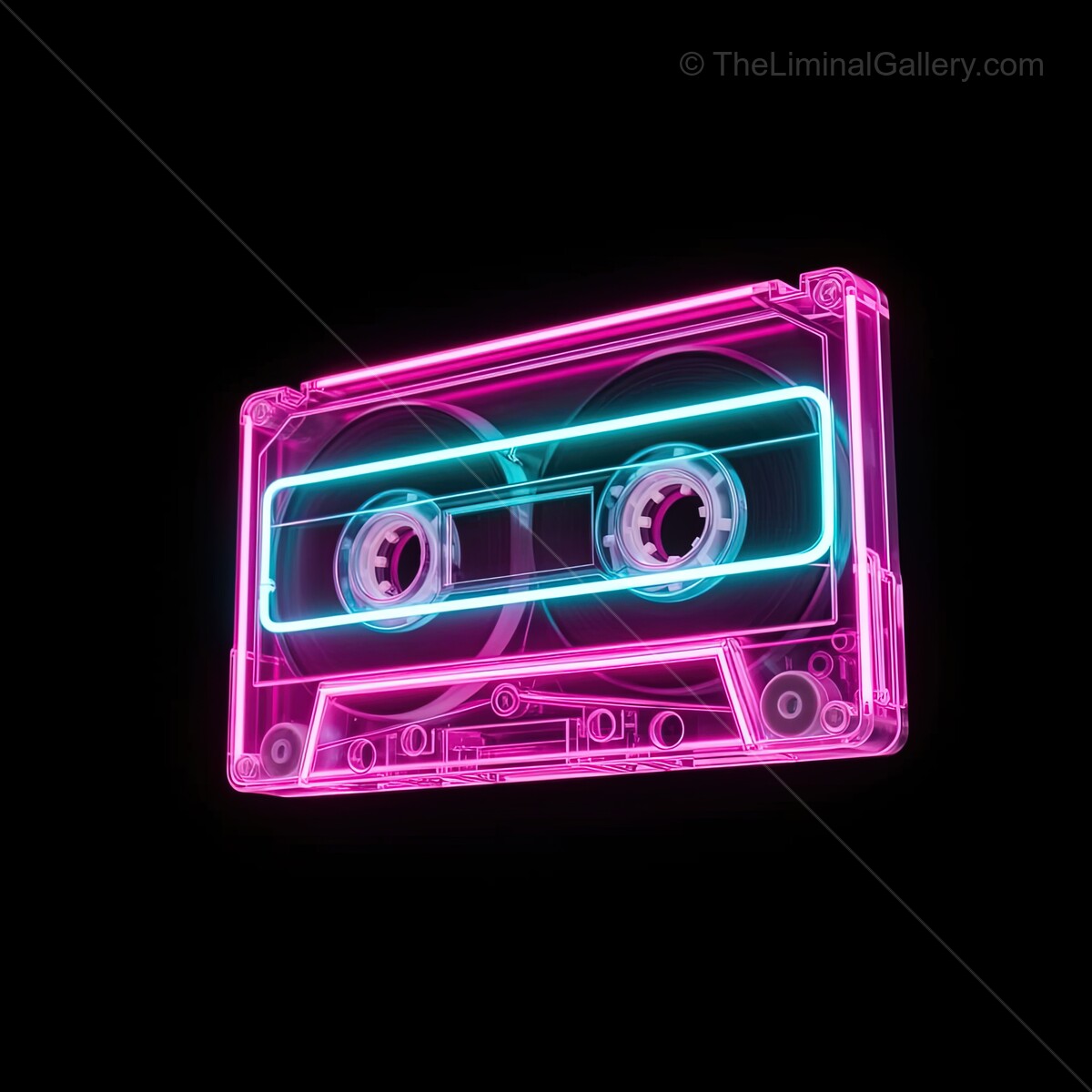 Neon cassette tape glows brightly, capturing the nostalgia of retro music culture in a modern space