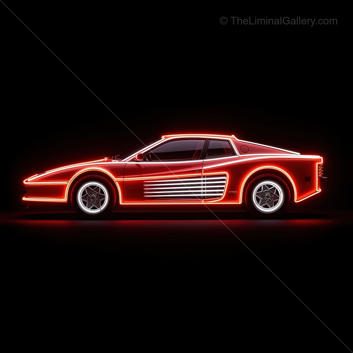 Bright neon lights illuminate a striking retro sports car in a stylish urban scene at night, showcasing a blend of nostalgia and modernity