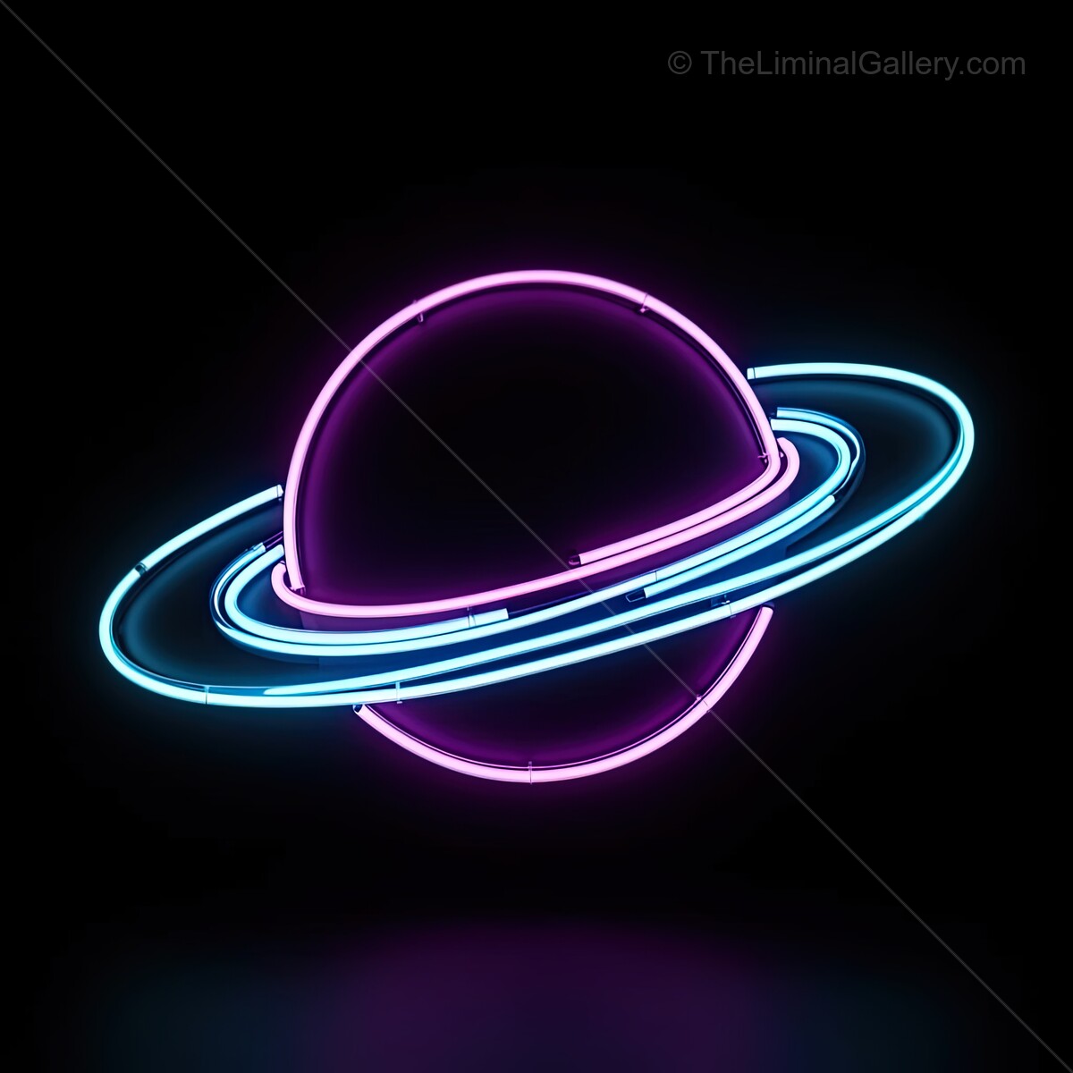 Vibrant neon sign of Saturn glowing against a dark backdrop, illuminating creativity and wonder