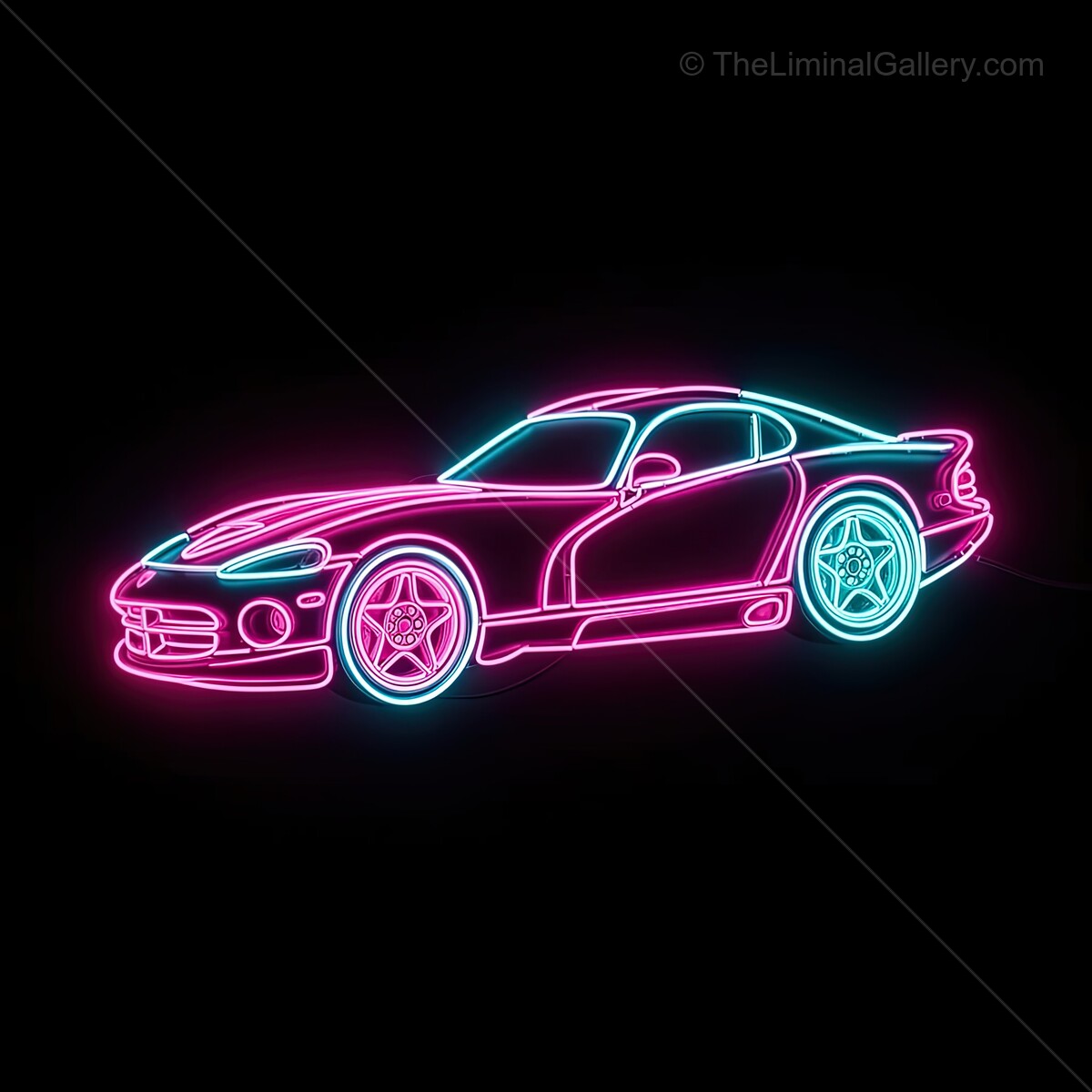 Vibrant neon sign of a sleek sports car glowing against a dark backdrop